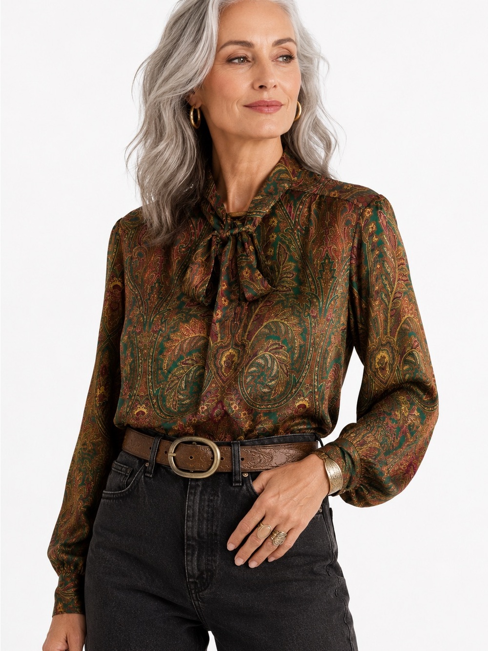Vintage Russ Paisley Bow Blouse Size 10 Emerald Jewel Tone Secretary Top
